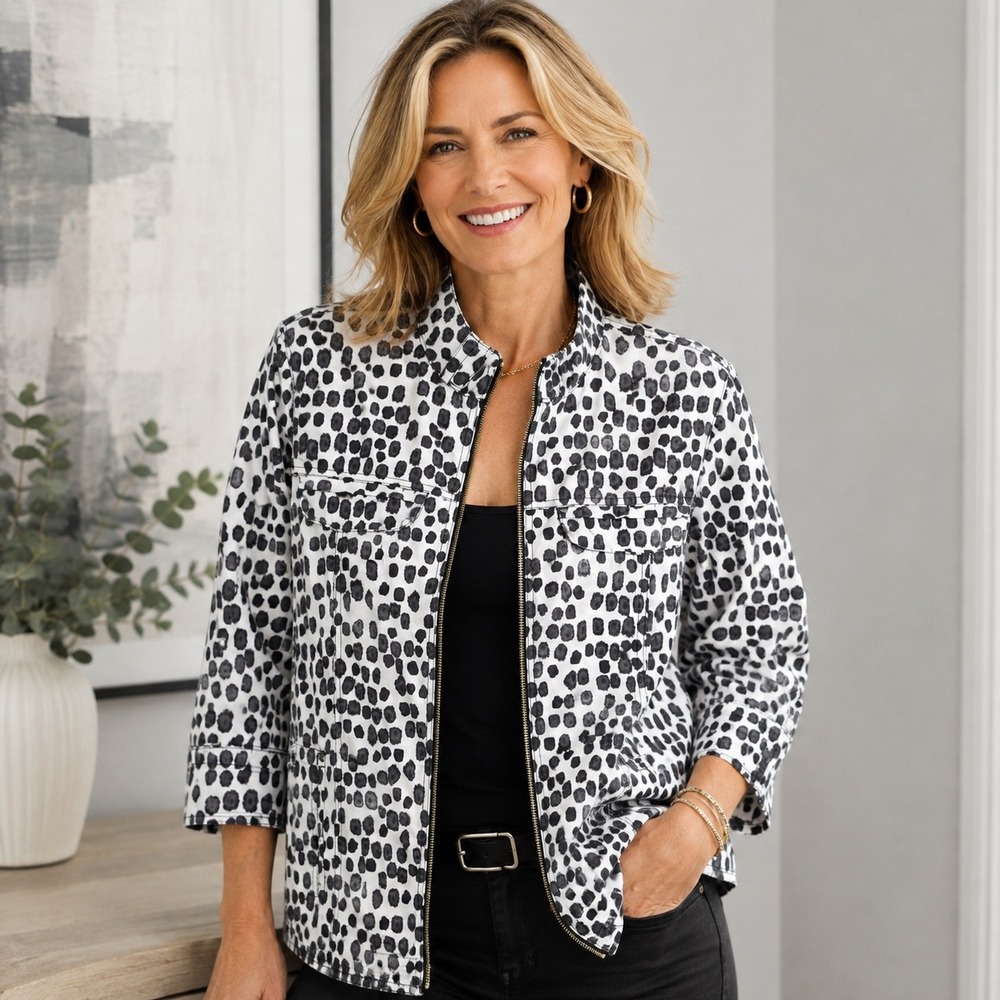 Zenergy by Chicos Women Size 2 Large Black White Dot Zip Up Mock Neck Jacket